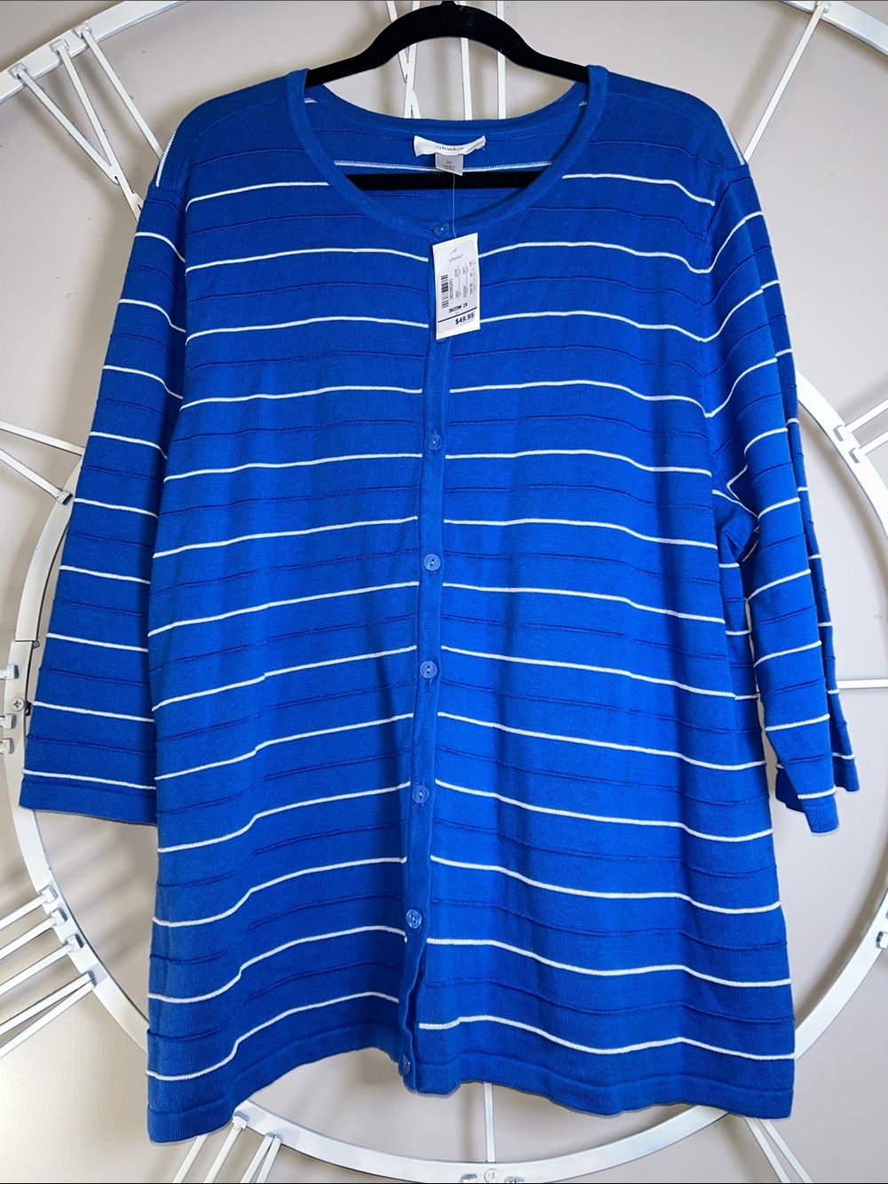 CJ Banks Striped Crewneck Button-Front Cardigan